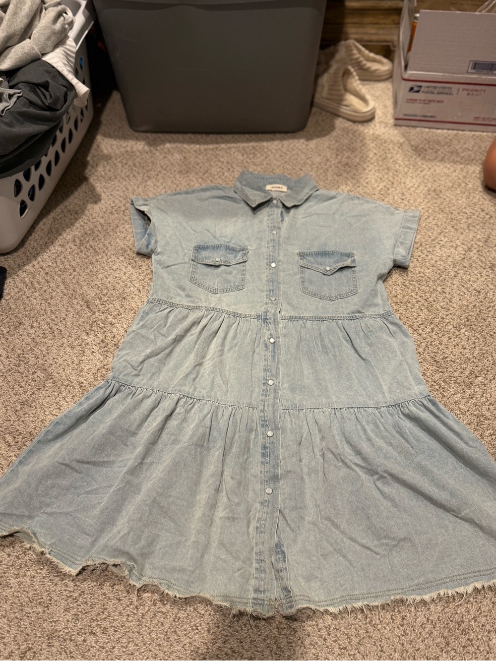 ADORA Light Blue Denim Button-Down Tiered Dress